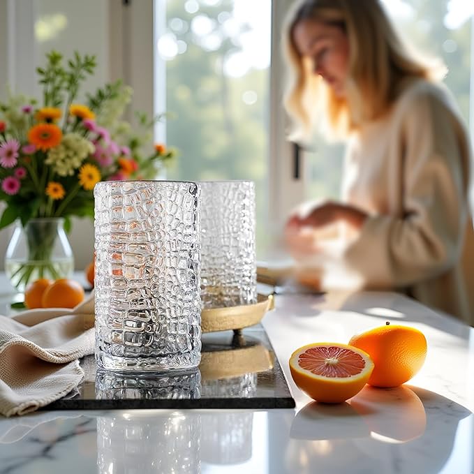 Glaver's Highball Drinking Glasses, Set of 4 Clear 15 Ounce Crackle Design Textured Drinking Glasses Heavy Duty Basic Set for Everyday Home, Bar use for Water Juice Cocktails Smoothies.