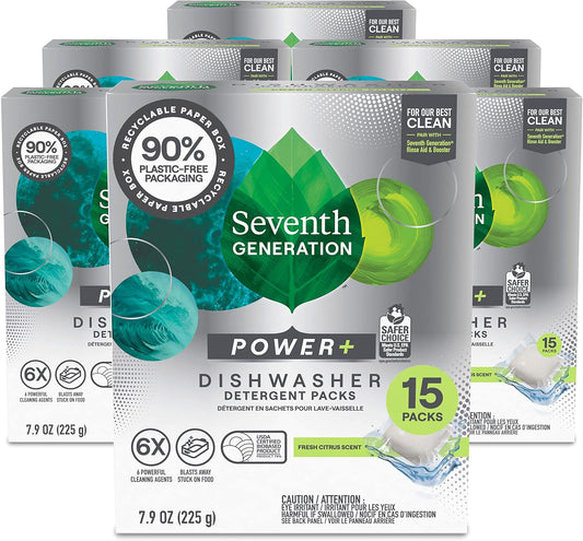 Seventh Generation Power Plus Dishwasher Detergent Packs Fresh Citrus scent Pack of 6 for sparkling dishes Dishwasher tabs, 15 count