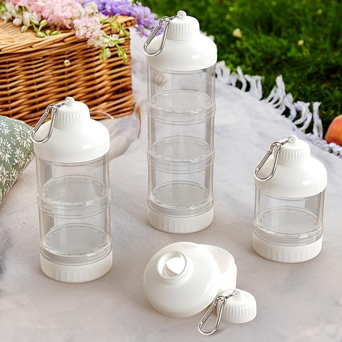 BYLWORKOUT 3 Layers Protein Travel Container with Funnel and Keychain | Cute Protein and Kitchen Storage Containers | Clear Plastic Kitchen Grade Box Organisers for Workout and Travel (White)