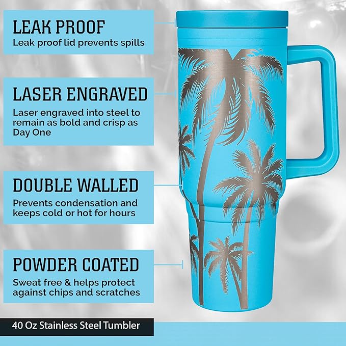 Engraved Palm Trees 40oz Insulated Tumbler with Handle, Lid & Straw - Use for Water, Tea, Coffee & More-Disabled USMC Vet Owned Small Business