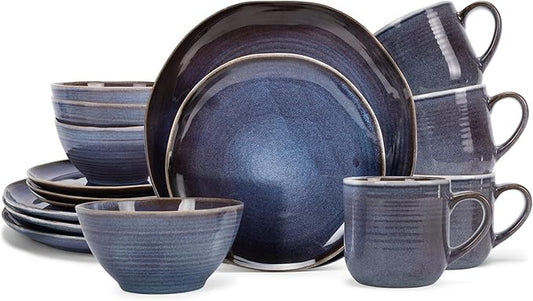 Elanze Designs Reactive Glaze Farmhouse Rustic Boho Ceramic Stoneware Dinnerware 16 Piece Plate Bowl Mug Dish Set - Service for 4, Purple Ombre Blue