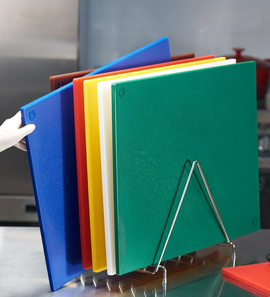 CURTA 6-Piece NSF 24" x 18" x 1/2" Multi-Colored Flexible Cutting Board Kit with Stainless steel Storage Rack, Color Coded Plastic Chopping Board with Anti Slip Surface Dishwasher Safe
