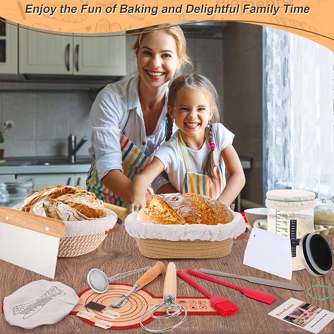 Sourdough Bread Baking Supplies, Complete Sourdough Starter Kit, 9" Round & 10" Oval Bread Proofing Basket with Sour dough Starter Jar, Bread Making Tools Gifts for Bakers Women Wife Mom