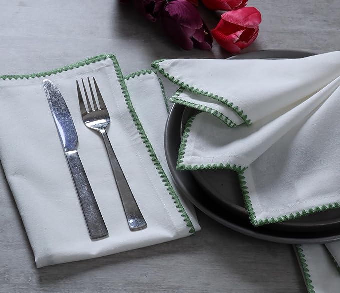 Bedding Craft Cotton Cloth Dinner Napkins Set of 12 – 18x18 Salted Lime with Colored Edge Embroidery – Washable Fabric Napkins for Wedding Table Décor, Parties, Restaurants & Everyday Dining