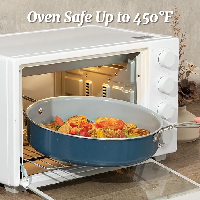 Nonstick Sauté Pan with Lid 5 QT Deep Frying Pan with Stainless Steel Helper Handle 12 inch Large Skillet Ceramic Jumbo Cooker for Healthy Cooking, Induction Compatible Cookware, PFOA Free