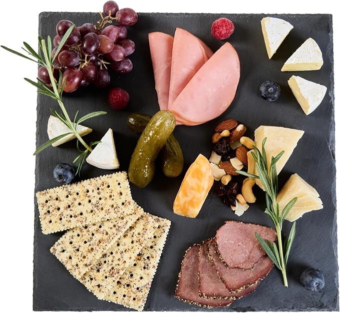 Restaurantware Slate Serving Tray 1 Pack of 12 x 12" Foam Feet Charcuterie Stone Plate Rustic Edges Freezable Black Square Serving Display Cheese Board for Kitchen, Gourmet, Dining, Parties
