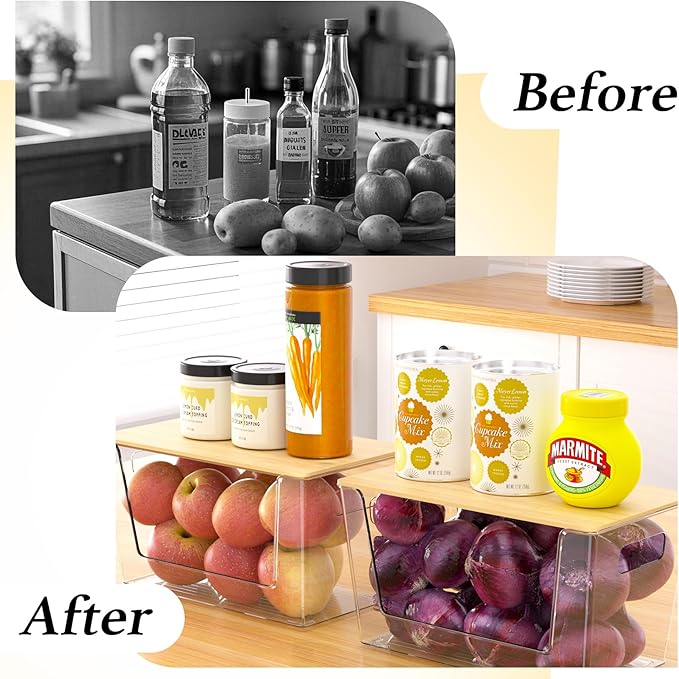 6 Pack Clear Stackable Storage Bins with Bamboo Lids, Plastic Storage Containers with Handle for Pantry, Bathroom, Kitchen, Closet, Cabinet, Fridge Organizer and Storage