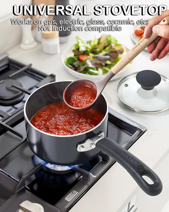 Cook N Home Nonstick Sauce Pan with Glass Lid 2-Qt, Multi-purpose Pot Saucepan Kitchenware, Black, Aluminum