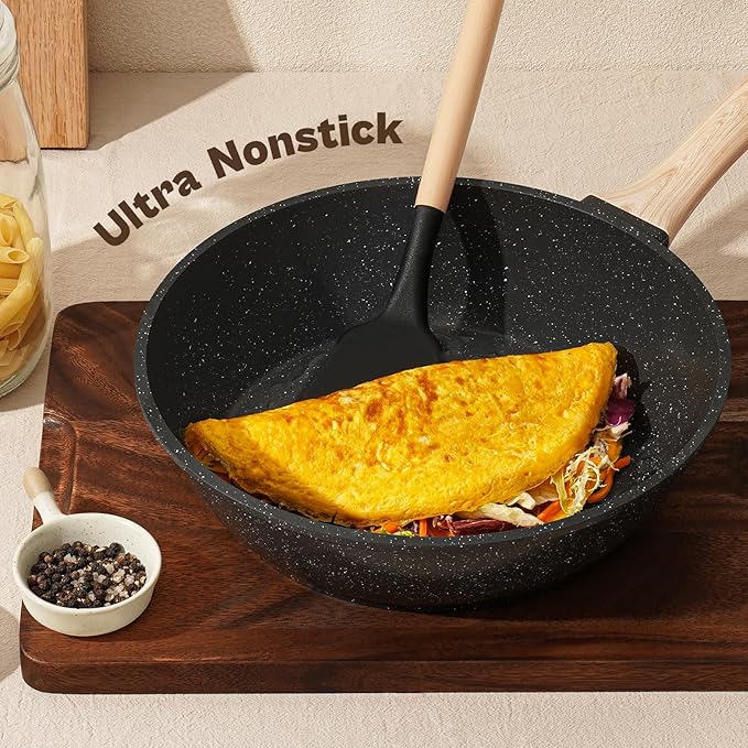 13 Pcs Pots and Pans Set, Nonstick Cookware Sets Black Granite Induction Cookware, Non-toxic Healthy Non stick Kitchen Cooking Set with Frying Pans Set, Saucepans (PFAS/PFOA/PFOS Free)