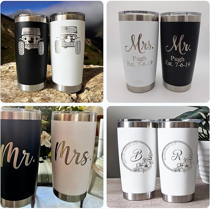 OMTech 20oz Tumblers Bulk, 6pc Stainless Steel Tumbler Set with Lid & Straw, Double Wall Vacuum Insulated Mug for Laser Engraver, Travel Coffee Mug for Hot & Cold Drinks, White Powder Coated Cup