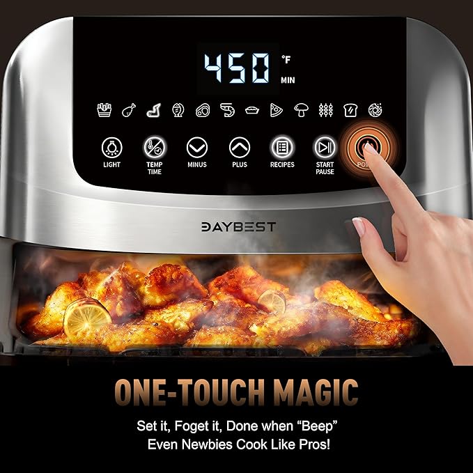 6QT Air Fryer, 2-3 Servings, 12-in-1 Dual Heats Stainless Steel & Full Metal Housing, Deep Basket with PFAS & PTFE-Free Premium Ceramic Coating, 1700W, DAYBEST Dishwasher Safe Kits (Silver)