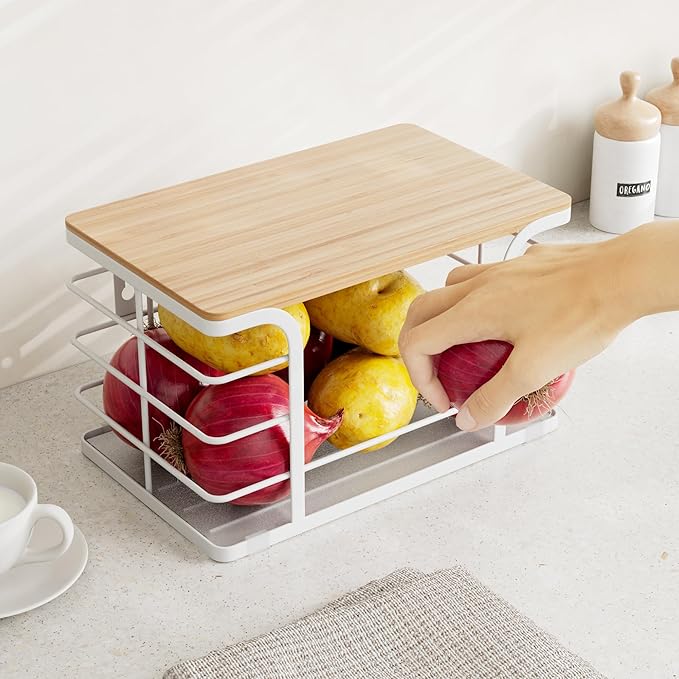 Potato and Onion Storage Bin,Kitchen Organizers Pantry Bin with Bamboo Top for Onion,Potato,Fruits,Vegetable,Produce Storage, White