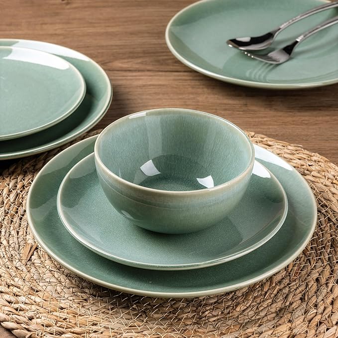 GBHOME Ceramic Dinnerware Sets for 8, 24 Pieces Stoneware Plates and Bowls Sets, Reactive Glaze Dish set -Scratch Resistant, Dishwasher&Microwave Safe-Malachite Green