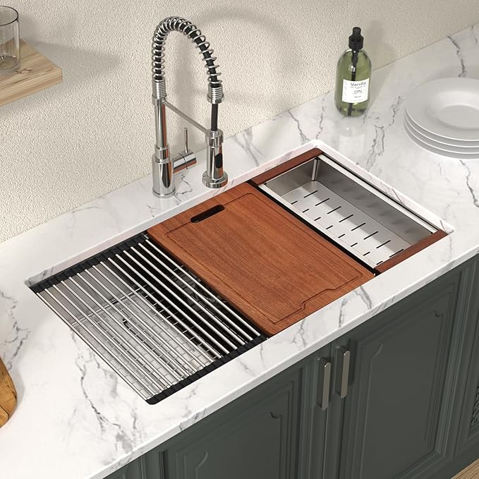 Lordear 30 Inch Undermount Kitchen Sink Workstation 16 Gauge Stainless Steel Under Counter Single Bowl Handmade Kitchen Sinks Basin 30x19x10 Inch