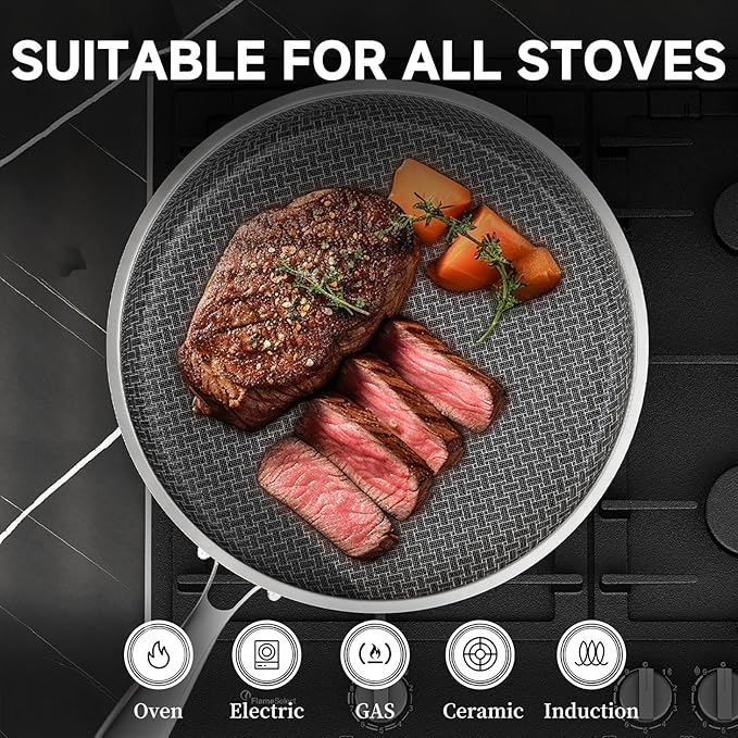 LOLYKITCH 12 In Nonstick Frying Pan Skillet with Lid, Ceramic Coating, Tri-ply Stainless Steel, Induction Compatible, PFOA-free, Oven Safe to 600°F, Dishwasher-safe, Detachable Handle