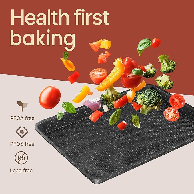 Diamond Bottom Cookie Sheet Set of 2, Nonstick Gray Marble Carbon Steel Baking Pans for Crisp Baking, Space-Saving Stackable Trays, PFOA, PFOS, PTFE Free, Oven Safe Up to 450°F, Small & Medium Pans