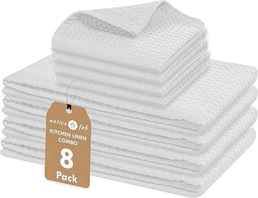 Native Fab Dish Towels & Dishcloths 8 Piece Set - 100% Cotton, Soft, Absorbent, Quick Drying Towel for Cleaning, Cooking, Baking - Machine Washable, Ideal for Home, Kitchen & Everyday Use - White