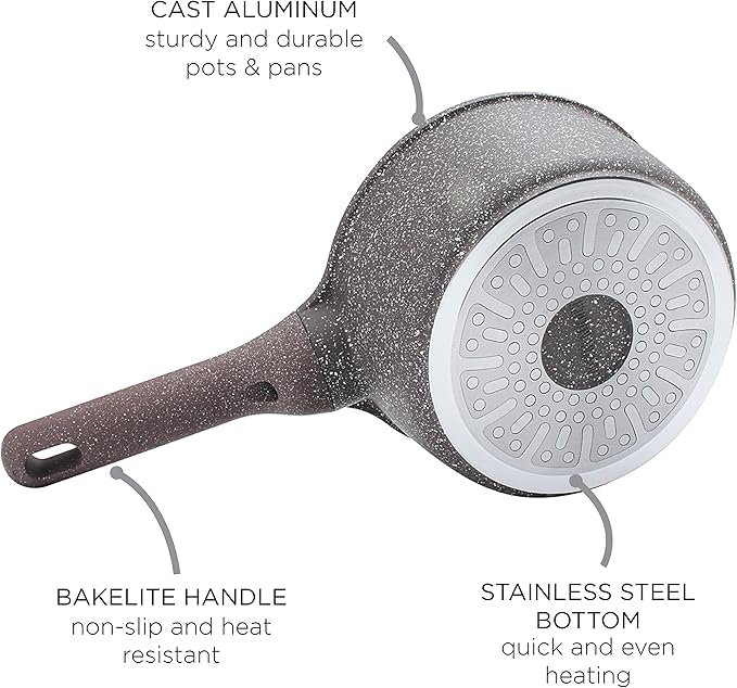 Country Kitchen Non-Stick Cast Aluminum Cookware Set - Durable Kitchen Cookware for Everyday Cooking, Chocolate Brown, 8 Pc.