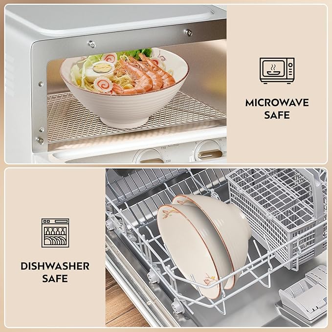 2 x 40 OZ ceramic ramen bowls, 8 IN large Japanese noodle soup bowl, match chopsticks and spoons, suitable for Pho, Udon Asian noodles (Flowers and birds 2 set)