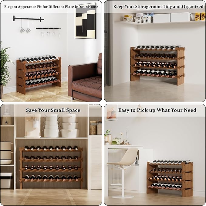Bambloom Wine Rack Freestanding Floor, Wooden Stackable Bottle Storage Rack for Kitchen,Cellar. 36 Bottles Wine Holder Display Shelves for Champagne(Walnut)