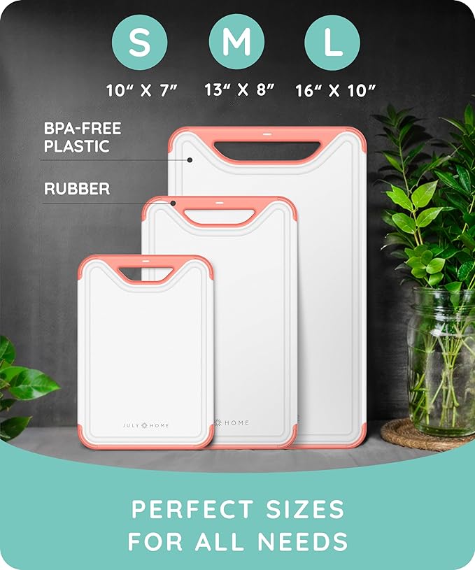 Cutting Boards for Kitchen, Plastic Cutting Board Set of 3, Dishwasher Safe Cutting Boards with Juice Grooves for Meat, Veggies, Easy Grip Handle, Serveware Accessories (Pink)