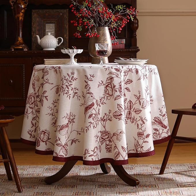 French Round Tablecloth, Linen Table Cloth with Dark Red Floral Leaves and Birds Pattern, Heavy Durable Table Cover for Dining Thanksgiving Kitchen Decor Party Christmas,Diameter 67"
