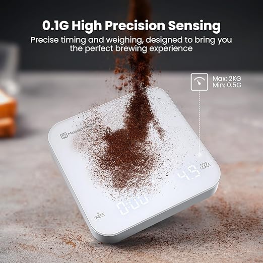 Rechargeable Mini Coffee Scale with Timer, Maestri House Espresso Scale, 2kg/0.1g Accurate Scale for Espresso and Pour-Over Coffee, Portable Digital Kitchen Scale with Automatic Timing（White&Silver）