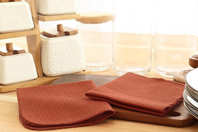 PurpleEssences Rust Dish Cloths and Dish Rags - 6 Pack Waffle Weave Solid Kitchen Dish Wash Cloths, 100% Cotton, 12 x 12 Inches, Ultra Soft Absorbent Quick Drying - Christmas Holiday Winter - Rust