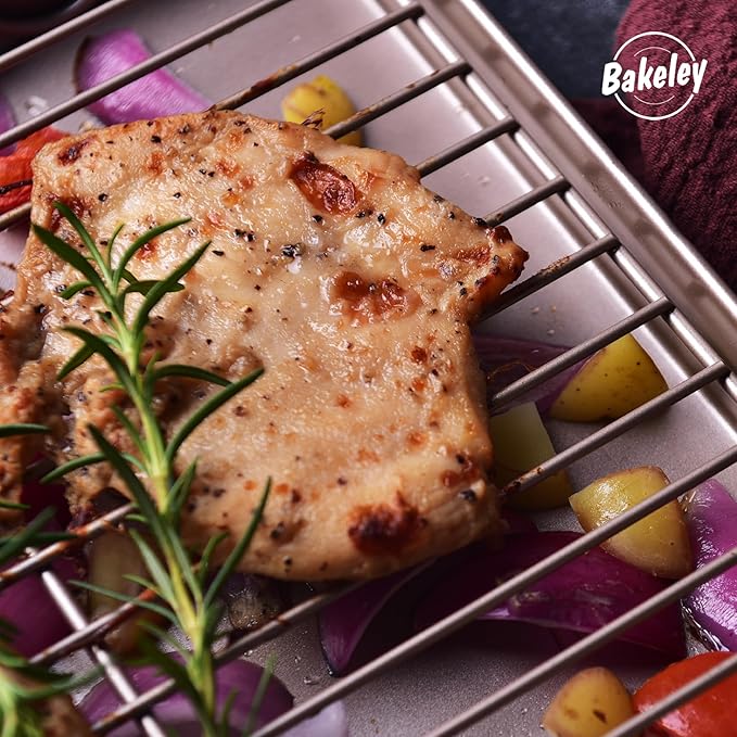 Roasting Pan with Rack, 11-Inch Non-Stick Square Shallow Dish Sheet Pan with Wire Rack for Oven Baking, BBQ and Roasting 11.2" x 11.2" x 1.3" (Champagne Gold)