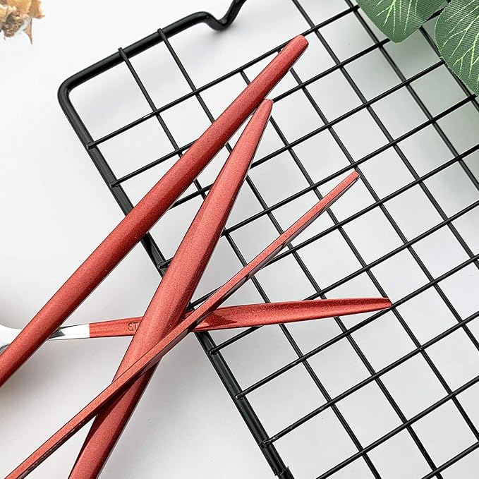 JASHII Flatware Serving Set 24 Piece, Stainless Steel Silverware Set, Red Silver Cutlery Set, Modern Elegant Tableware Set for Party, Christmas, Dinner (Red Silver)