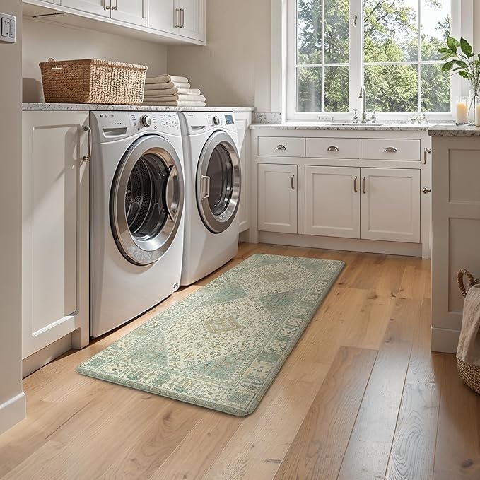 GENIMO Kitchen Mats for Floor 2PCs, Washable Anti Fatigue Mat for Cushioned, 17.3"x59"+17.3"x30", Waterproof Kitchen Rugs, Non Slip Comfort Standing Mat Rug for Home, Sink, Laundry, Green