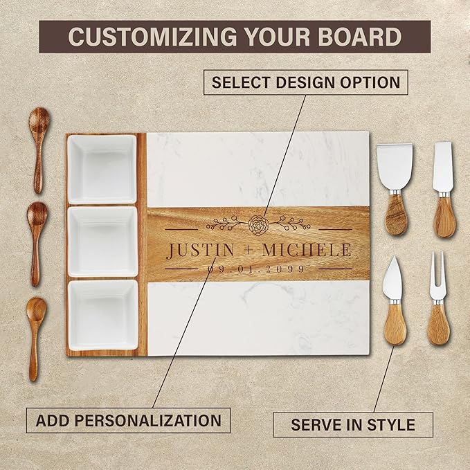 Personalized Marble Wood Charcuterie Board,Custom Laser Engraved Cheese Serving Board with Knife Set, Ceramic Bowls,Wooden Spoons,Cheese Platter,Serving Tray,Cutting Board,Charcuterie Boards Gift Set