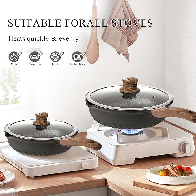 Vinchef Pots and Pans Set, 12pcs Nonstick Induction Kitchen Cookware Sets with Stay-Cool Handles, Frying Pans and Saute Pan with Lid, Silicone Cooking Utensil Sets and Pot Protectors, PFAS, PFOA Free