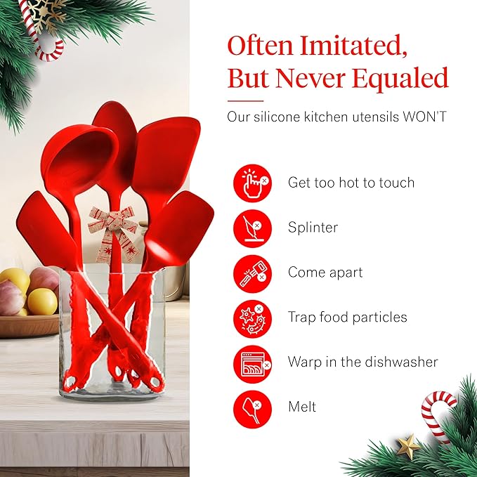 GIR: Get It Right 5-Piece Silicone Essentials Kitchen Utensils Set - Ladle, Spatula, Flip, Spoon & Spoonula - Non-Toxic Cooking Utensils for Nonstick Cookware, Cooking and Baking - Fire Red