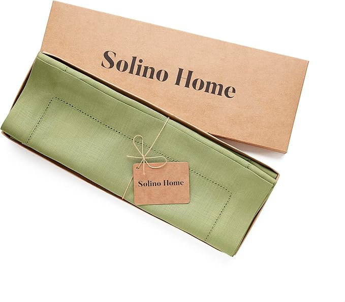 Solino Home Linen Placemats Set of 4 - Classic Hemstitch Moss Green Placemats 14 x 19 Inch - 100% Pure Linen Table Mats for Fall, Autumn, Thanksgiving, Winter