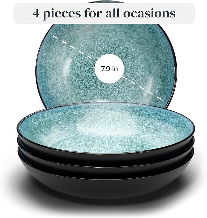 Stoneware pasta bowls set 4 pcs – 7.7" dark petrol blue ceramic plates & salad bowls – Dishwasher and microwave safe – Large soup bowls stylish set – Dinner service Pure Living