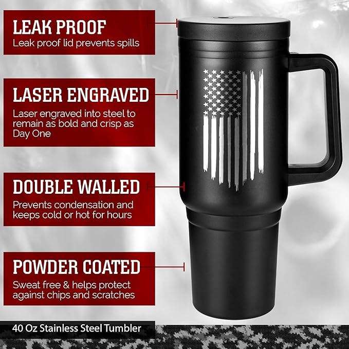 40oz Insulated American Flag Tumbler with Handle, Lid & Straw - USA Gifts - Use for Water, Tea, Coffee & More-Flag 40oz Tumbler