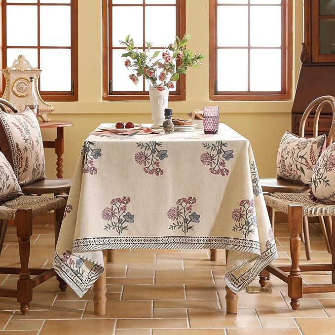 French Tablecloth for Square Tables,Linen Table Cloth with Colorful Flowers Pattern,Heavy Durable Table Cover for Dining Thanksgiving Kitchen Decor Party Banquet Christmas,55"*55"