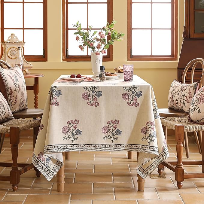 French Tablecloth for Square Tables,Linen Table Cloth with Colorful Flowers Pattern,Heavy Durable Table Cover for Dining Thanksgiving Kitchen Decor Party Banquet Christmas,67"*67"