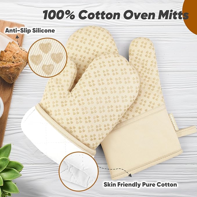 Oven Mitts and Pot Holders 4 Sets, Heat Resistant 500 ℉ Oven Mitt and Pot Holder,Oven Glove&Potholders with Non-Slip Silicone Surface,Kitchen Essentials for Cooking/Baking/BBQ-Beige