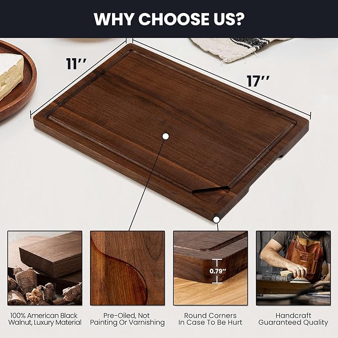 Walnut Wood Cutting Board for Kitchen with Deep Juice Groove & Side Handles, 17”L x 11”W x 0.8”H, Handcrafted North American Black Walnut Wood Grain, Medium Chopping Board, Reversible Butcher Block