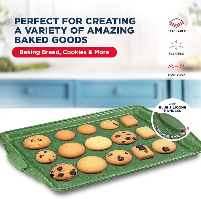 BAKKEN Kitchen Baking Pan Set - Nonstick Green Marble Coating, Carbon Steel Bakeware Sets with Green Silicone Handles, Kitchen Essentials, PFOA, PFOS, PTFE Free, Oven Safe (Up To 450° F), Set of 6