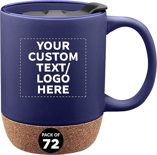 Custom Barista Ceramic Mugs with Cork Bottom 13 oz. Set of 72, Personalized Bulk Pack - Perfect for Coffee, Tea, Espresso, Hot Cocoa, Other Beverages - Blue
