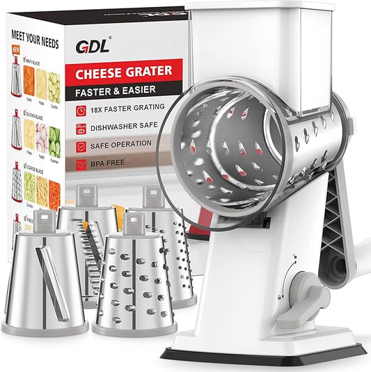 GDL Rotary Cheese Grater Hand Crank - Upgraded Cheese Shredder with 4 Interchangeable Blades, Rotary Grater with Non-slip Suction Base, Easy to Clean Kitchen Grater Slicer Grinder for Vegetable Nuts