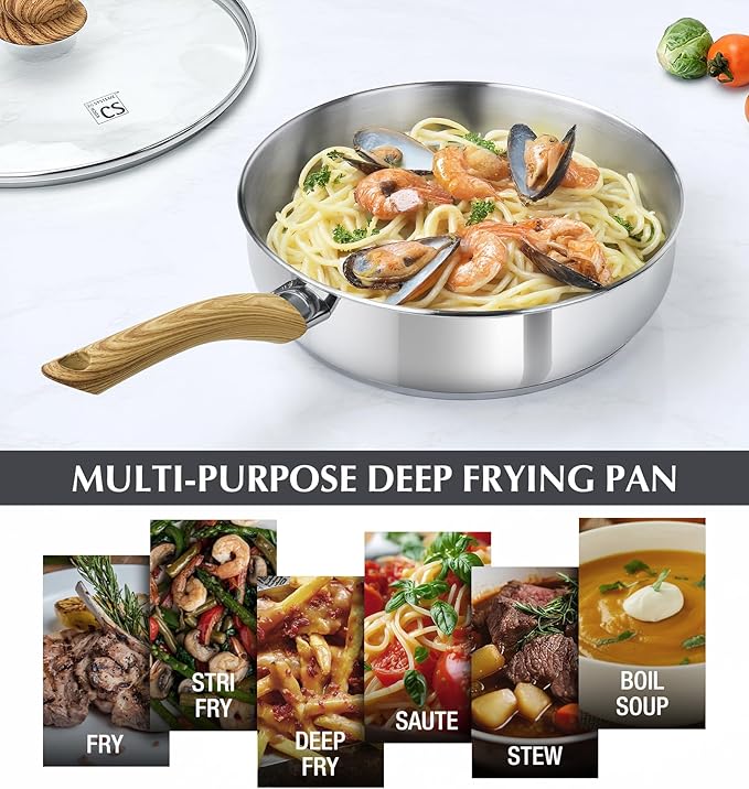 KOCH SYSTEME CS Saute Pan with Lid, 10 Inch Stainless Steel Saute Pan with Lid, Deep Frying Pan with Cool-Touch Bakelite Handle, Stylish Stainless Steel Pan, Deep Fry Pans 4 Quart, Induction Ready