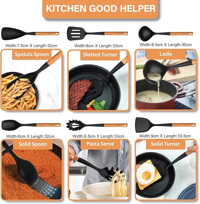 Large Silicone Cooking Utensils Set, 10Pcs Nonstick Kitchen Utensil Set with Wooden Handle, Heat Resistant Silicone Utensils for Cooking, BPA Free Spatula Set with Turners Spoon Ladle Skimmer(Black)
