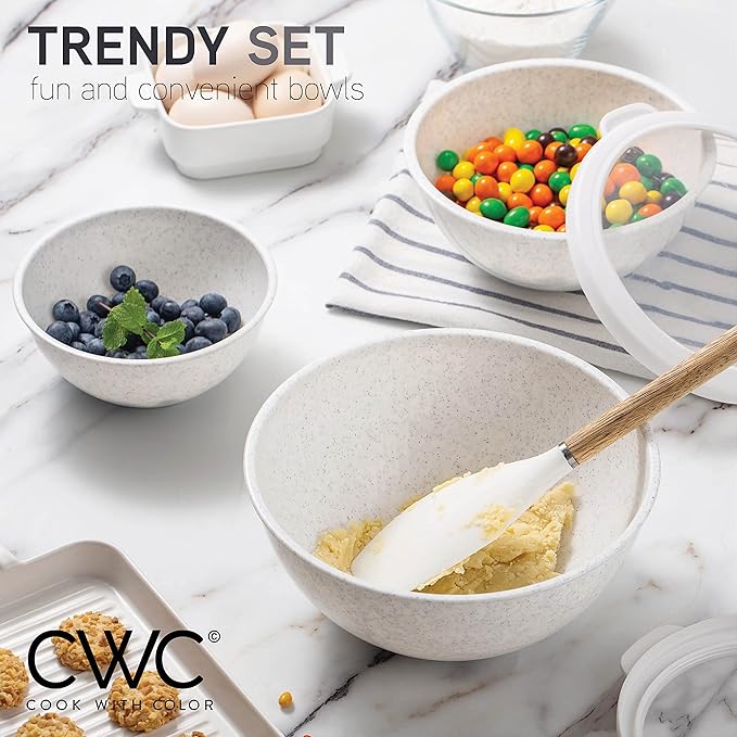 COOK WITH COLOR Mixing Bowls with TPR Lids - 12 Piece Plastic Nesting Bowls Set includes 6 Prep Bowls and 6 Lids, Microwave Safe Mixing Bowl Set (Speckled White)