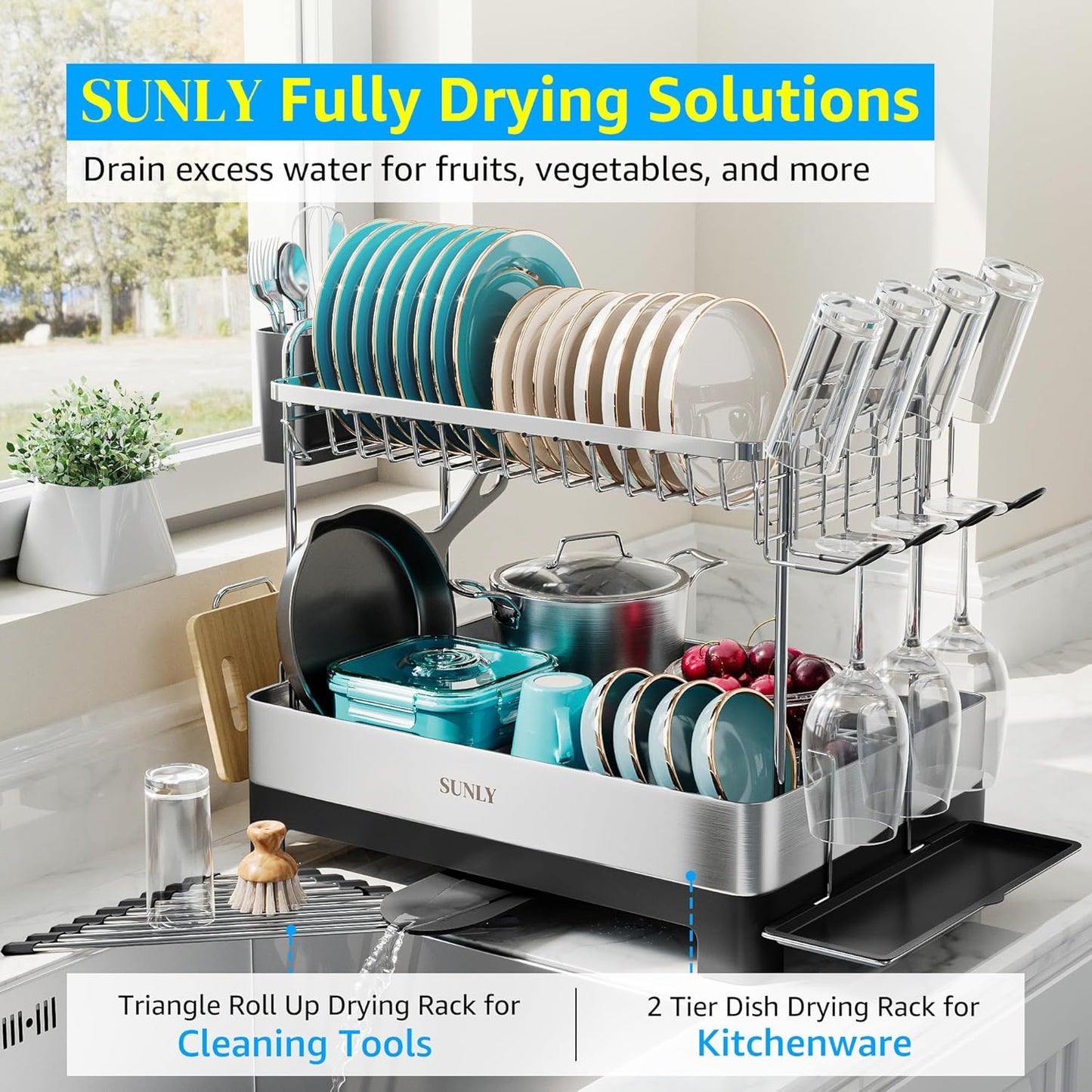 SUNLY 2 Tier Dish Drying Rack, Extra Large Dish Rack, Multifunctional Large Dish Drainers for Kitchen Counter, 304 Stainless Steel Kitchen Drying Rack, Bowl Drying Rack, Extendable Drain Spout, Black