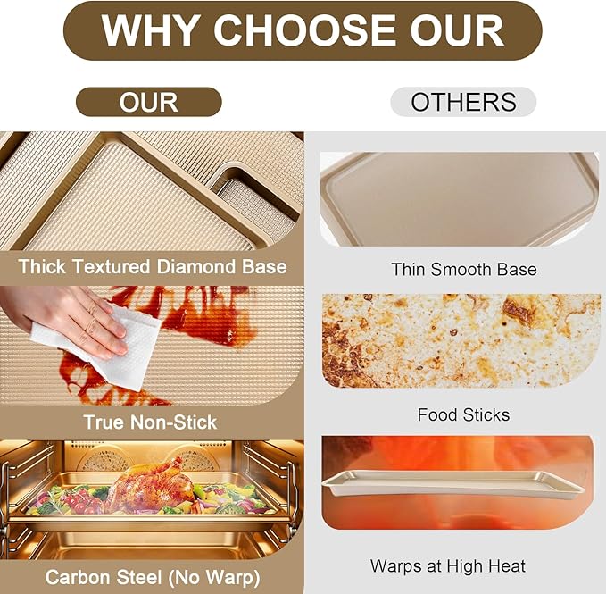 Baking Sheet Baking Pan Set of 3, Nonstick Cookie Sheets for Baking Supply, 17.8''/14.8''/12.8'' Carbon Steel Half/Jelly Roll/Quarter Baking Tray with Diamond Texture, Heavy Duty Cookie Tray