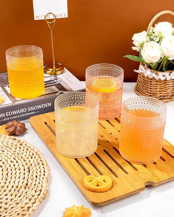 YOUBET 24PCS Plastic Hobnail Drinking Glasses - 14 Oz Clear Vintage Glasses Drinkware - Disposable Beaded Cups for Juice, Wine, Party